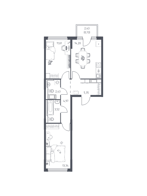 2-комнатная квартира, 55.93 м² в ЖК "Новое Колпино" - планировка, фото №1