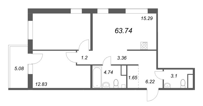 3-комнатная (Евро) квартира, 63.84 м² - планировка, фото №1