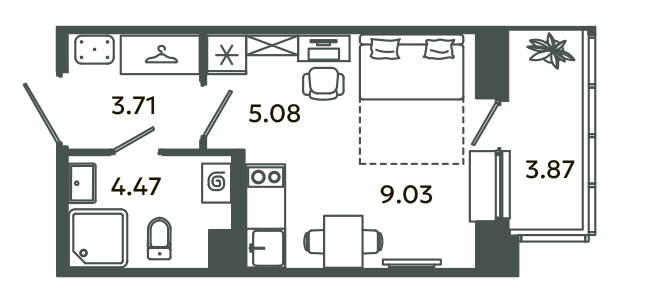 Квартира-студия, 23.45 м² - планировка, фото №1