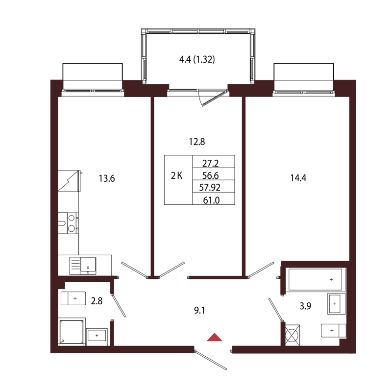 2-комнатная квартира, 57.92 м² в ЖК "Лисино" - планировка, фото №1