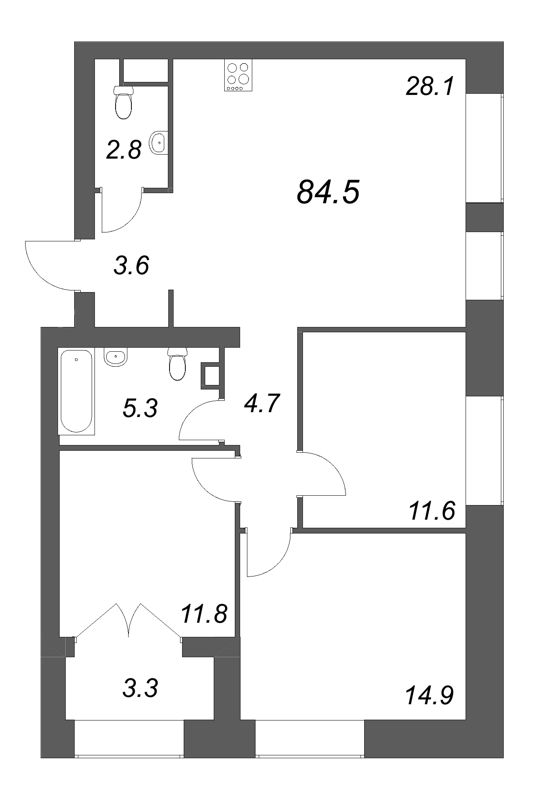 4-комнатная (Евро) квартира, 84.5 м² - планировка, фото №1