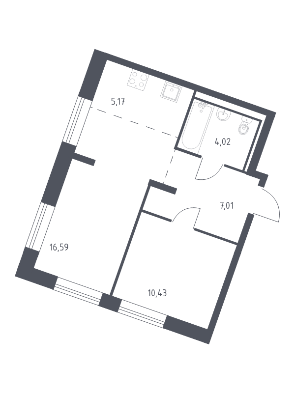 2-комнатная (Евро) квартира, 43.22 м² в ЖК "Квартал Лаголово" - планировка, фото №1