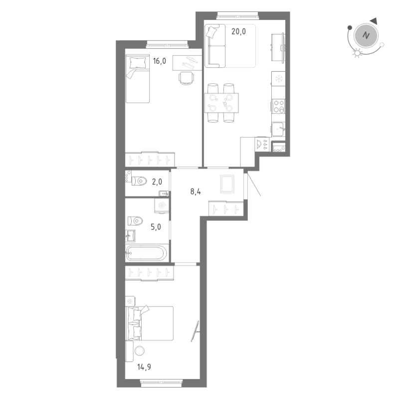 3-комнатная (Евро) квартира, 66.3 м² в ЖК "Клюква.Парк" - планировка, фото №1
