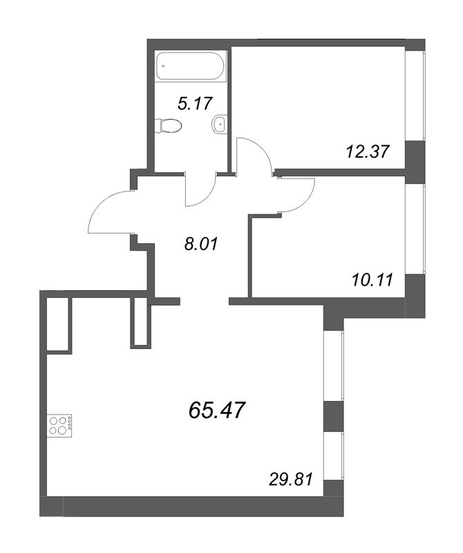 3-комнатная (Евро) квартира, 65.47 м² в ЖК "Avant" - планировка, фото №1