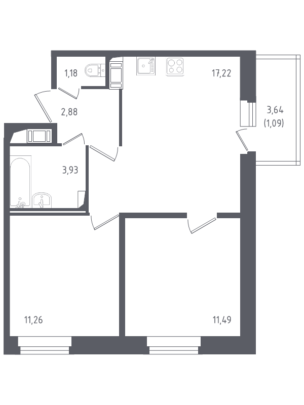 3-комнатная (Евро) квартира, 49.05 м² - планировка, фото №1