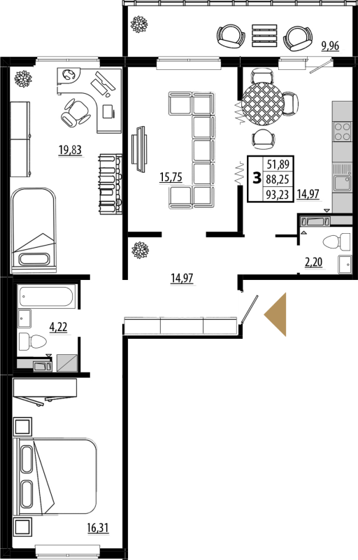 3-комнатная квартира, 88.1 м² в ЖК "Мариоки" - планировка, фото №1