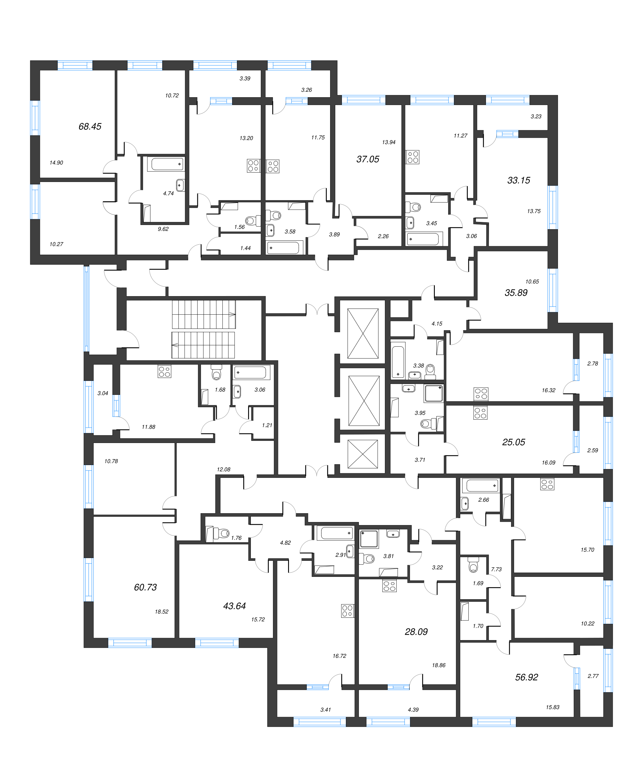 2-комнатная (Евро) квартира, 43.64 м² - планировка этажа