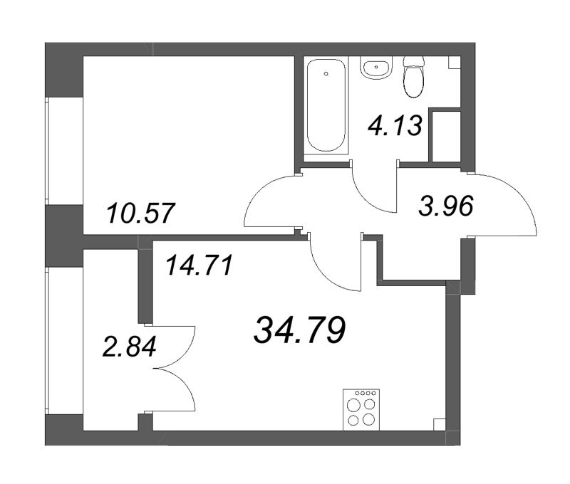 1-комнатная квартира, 34.79 м² в ЖК "Новый Питер" - планировка, фото №1