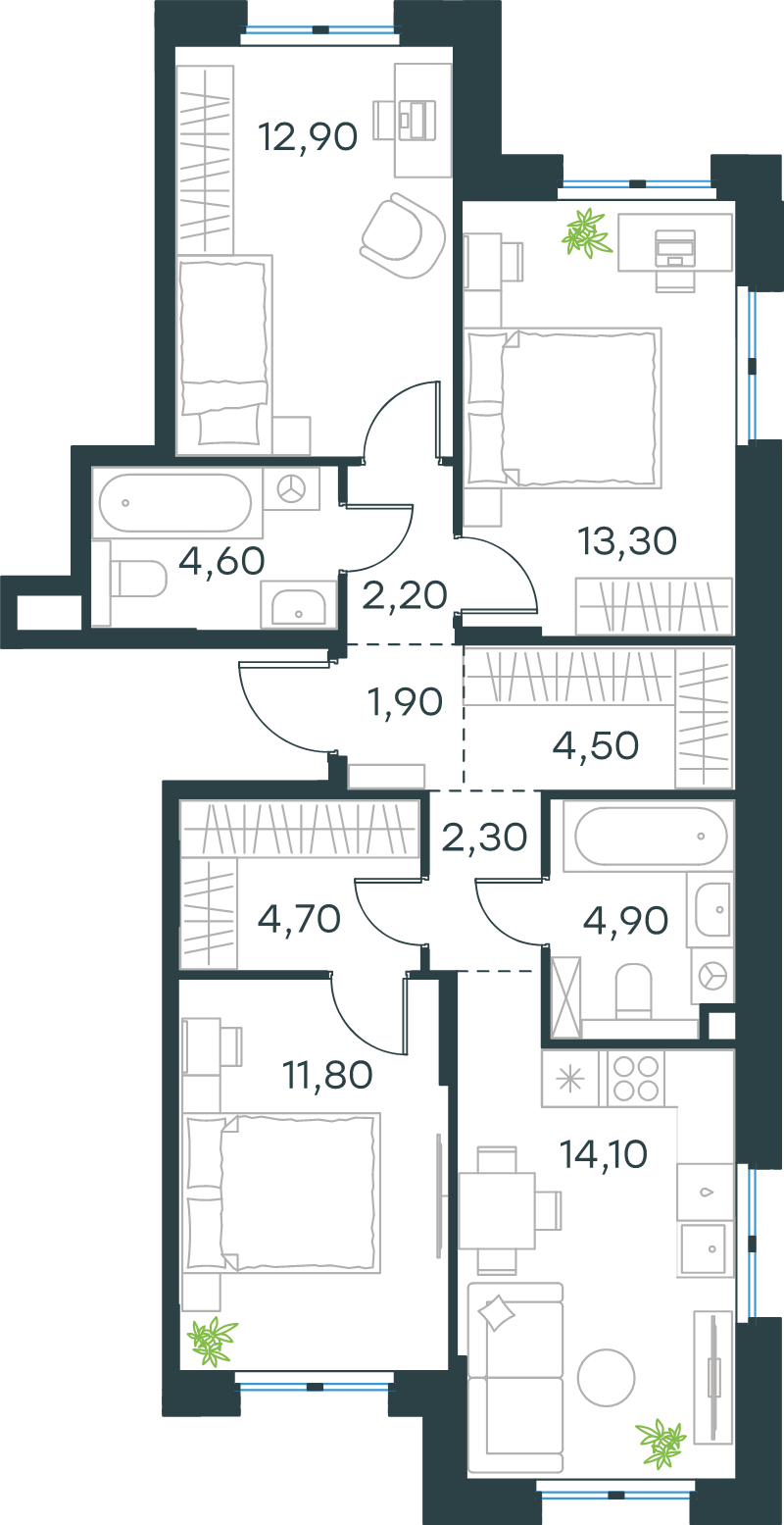 3-комнатная квартира, 77.2 м² в ЖК "Левел Мечникова" - планировка, фото №1