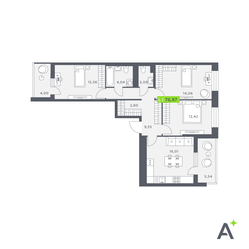 4-комнатная (Евро) квартира, 77.2 м² в ЖК "Аквилон Verba" - планировка, фото №1