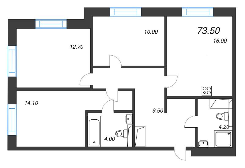 4-комнатная (Евро) квартира, 73.5 м² в ЖК "Большая Охта" - планировка, фото №1
