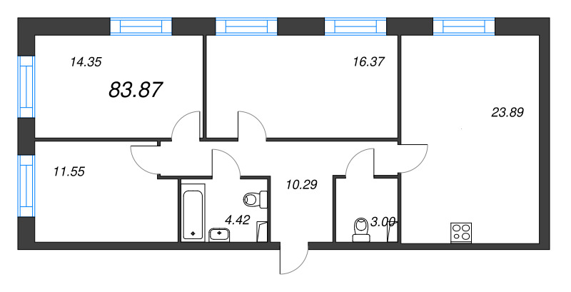 4-комнатная (Евро) квартира, 83.87 м² в ЖК "Остров Первых" - планировка, фото №1