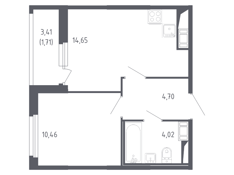 1-комнатная квартира, 35.54 м² - планировка, фото №1