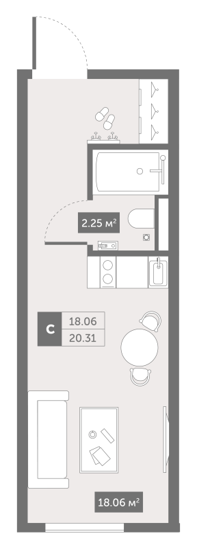 Квартира-студия, 21.1 м² в ЖК "Зум Чёрная Речка" - планировка, фото №1