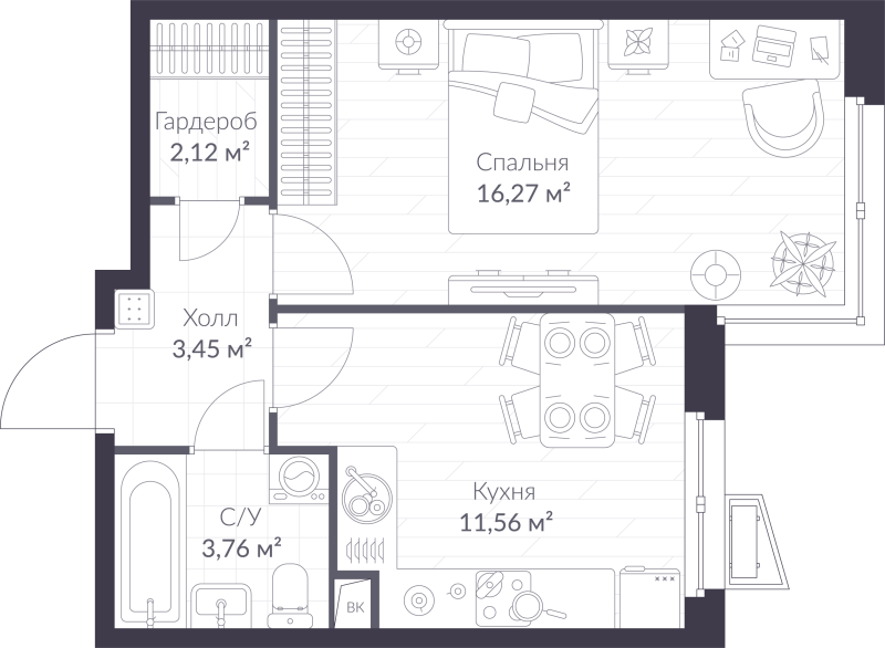 1-комнатная квартира, 37.16 м² в ЖК "VEREN NORT сертолово" - планировка, фото №1