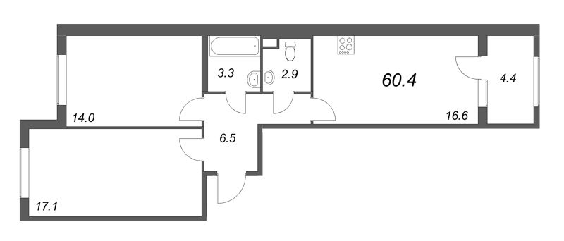 3-комнатная (Евро) квартира, 60.4 м² - планировка, фото №1