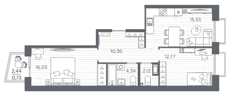 3-комнатная (Евро) квартира, 61.92 м² в ЖК "Респект" - планировка, фото №1