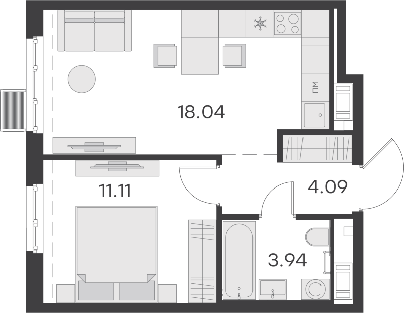2-комнатная (Евро) квартира, 37.18 м² в ЖК "GloraX Балтийская" - планировка, фото №1