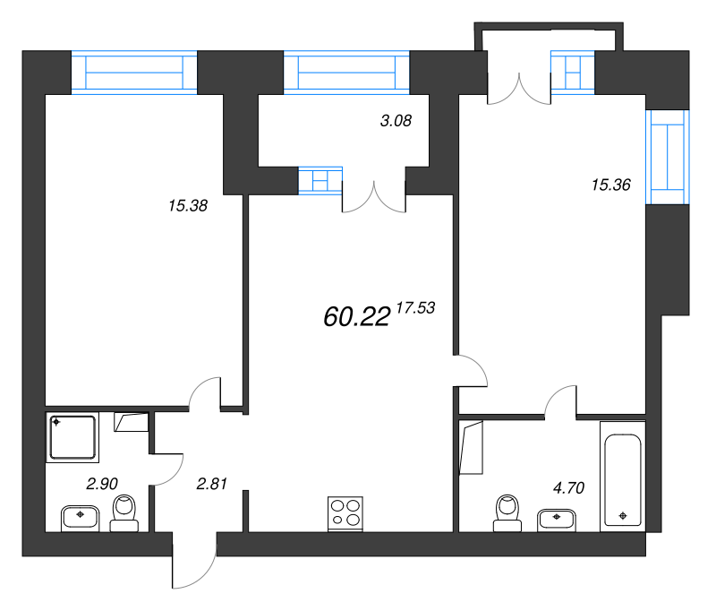 3-комнатная (Евро) квартира, 64.3 м² - планировка, фото №1