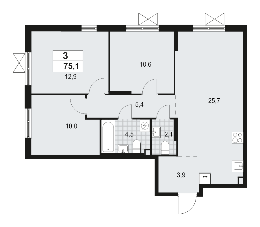 4-комнатная (Евро) квартира, 75.1 м² - планировка, фото №1