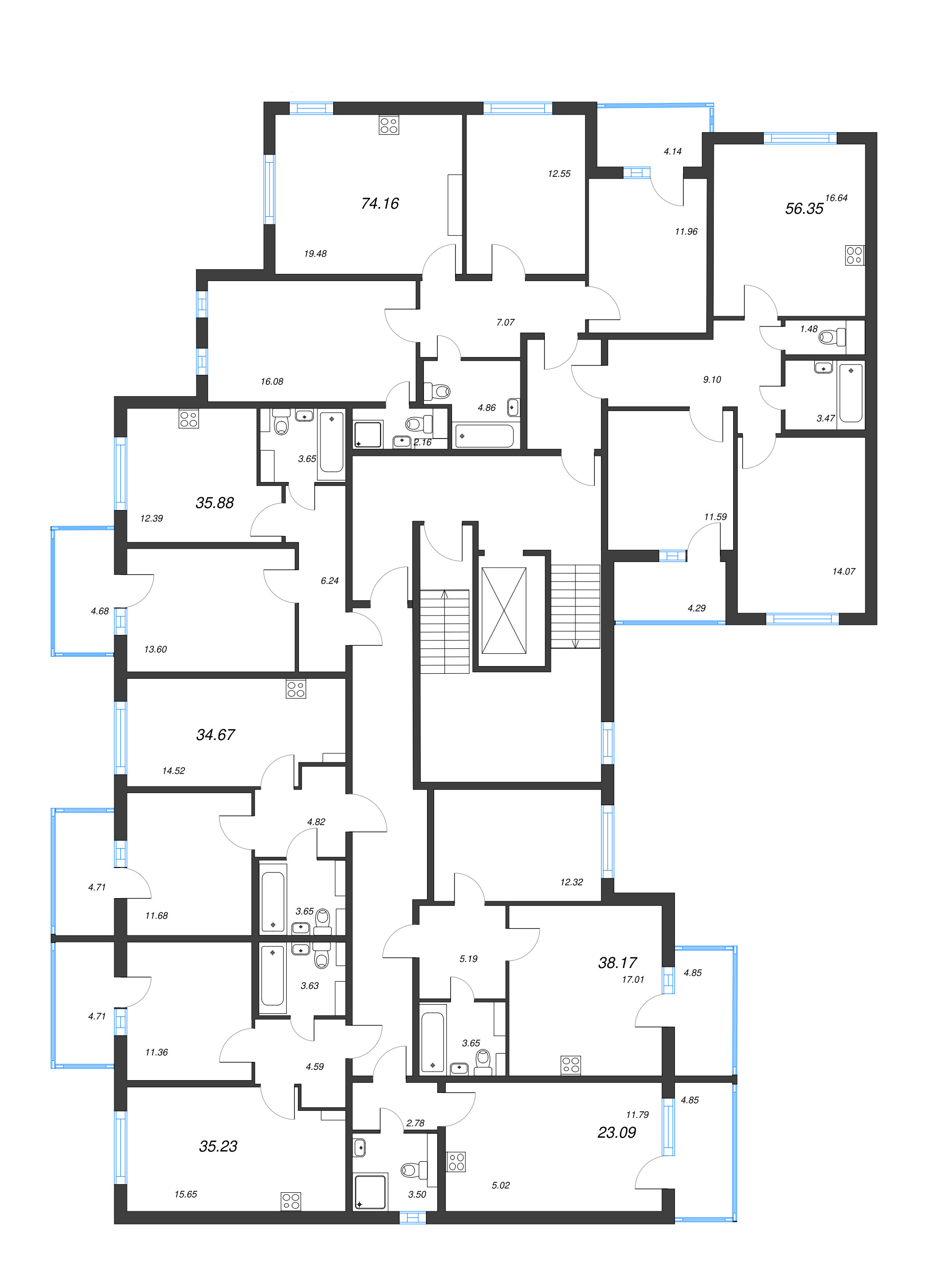 2-комнатная (Евро) квартира, 35.23 м² - планировка этажа
