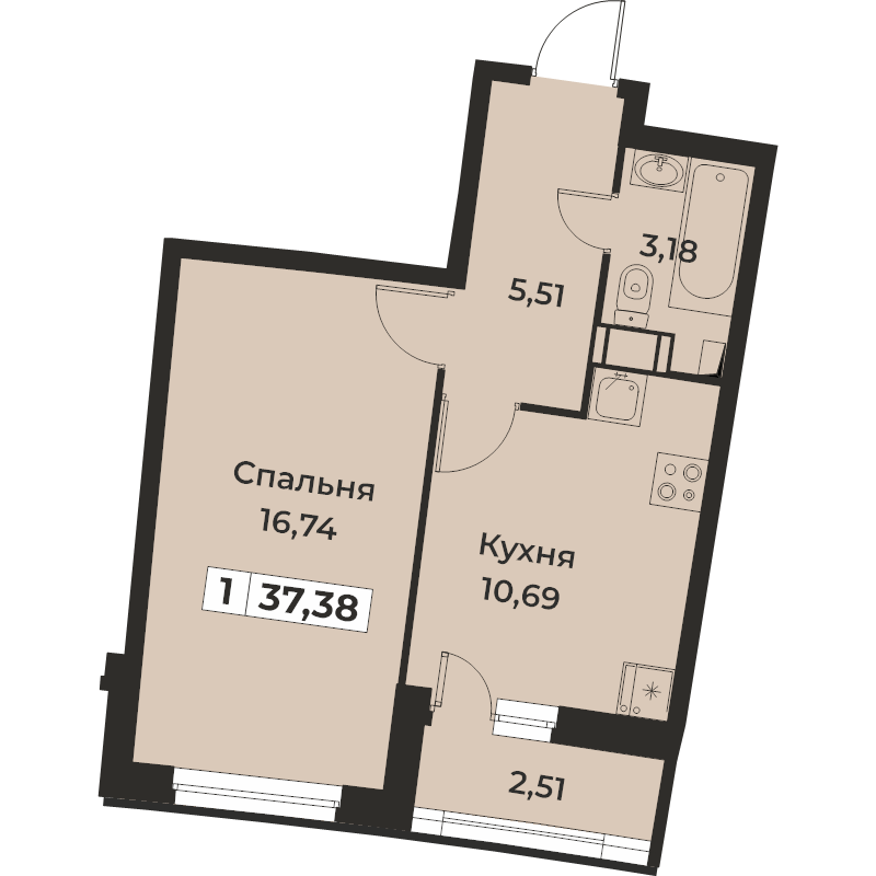 1-комнатная квартира, 37.38 м² в ЖК "Авиатор" - планировка, фото №1