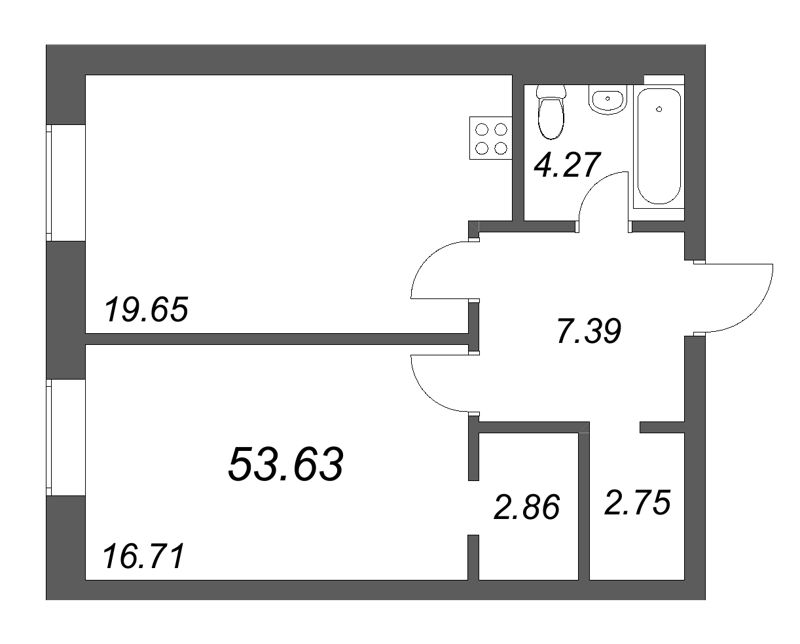 2-комнатная (Евро) квартира, 53.63 м² в ЖК "Фонтанка 130" - планировка, фото №1