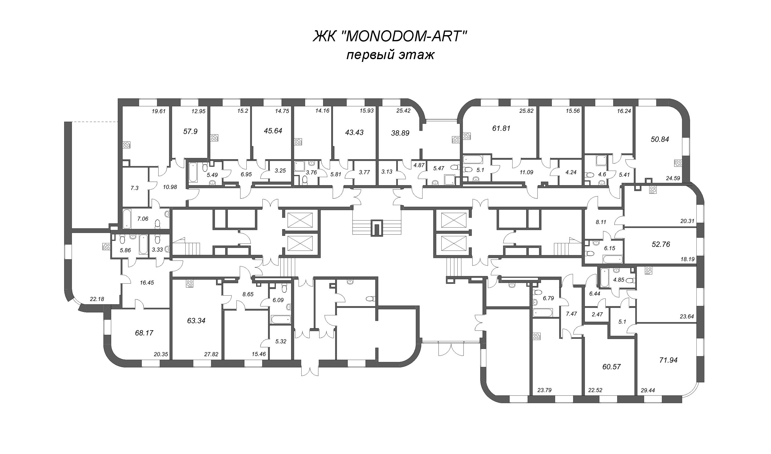 1-комнатная квартира, 43.43 м² в ЖК "MONODOM-ART" - планировка этажа