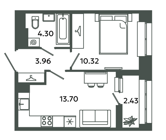1-комнатная квартира, 33.5 м² - планировка, фото №1