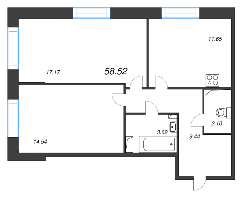 2-комнатная квартира, 58.52 м² - планировка, фото №1