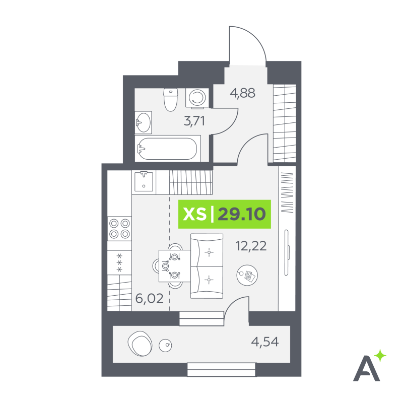 Квартира-студия, 29.1 м² - планировка, фото №1