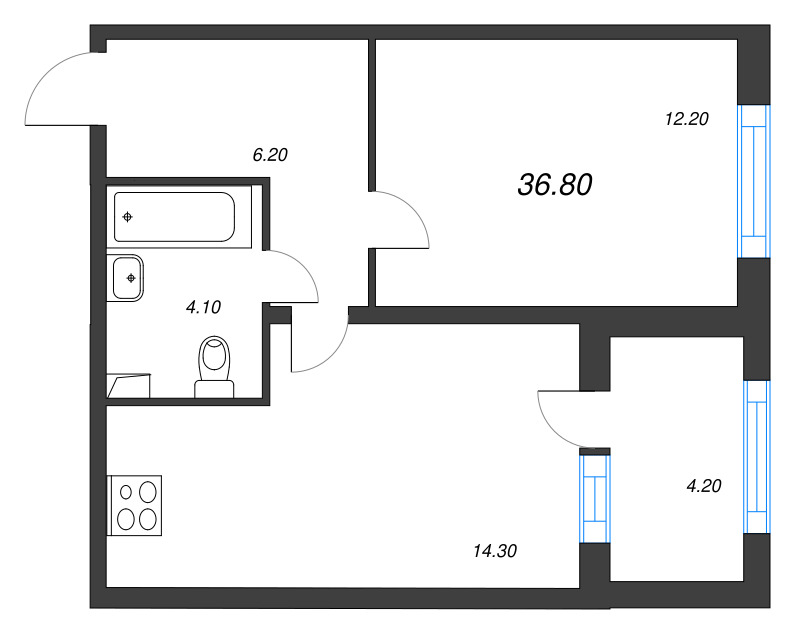 1-комнатная квартира, 36.8 м² в ЖК "ЮгТаун" - планировка, фото №1