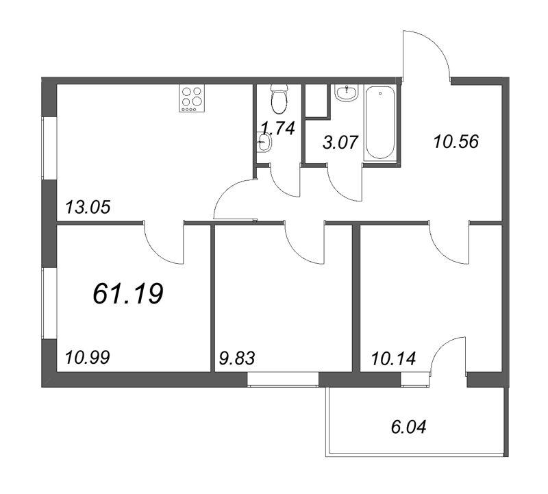 3-комнатная квартира, 61.2 м² - планировка, фото №1