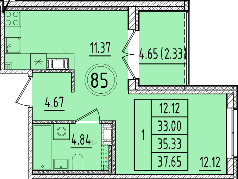 1-комнатная квартира, 33 м² в ЖК "Образцовый квартал 17" - планировка, фото №1