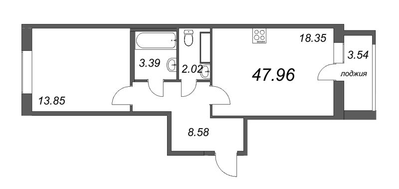 2-комнатная (Евро) квартира, 47.96 м² в ЖК "Modum" - планировка, фото №1