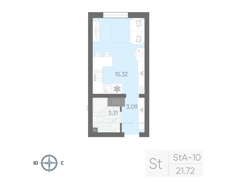 Квартира-студия, 21.72 м² в ЖК "Морская миля" - планировка, фото №1