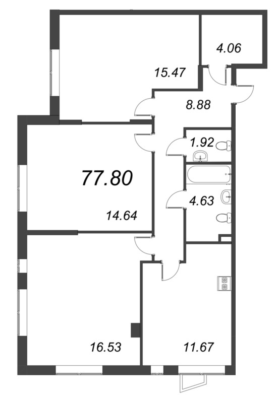 4-комнатная (Евро) квартира, 77.8 м² - планировка, фото №1