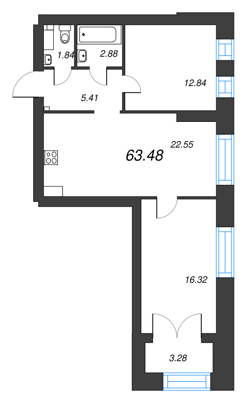2-комнатная квартира, 63.48 м² - планировка, фото №1