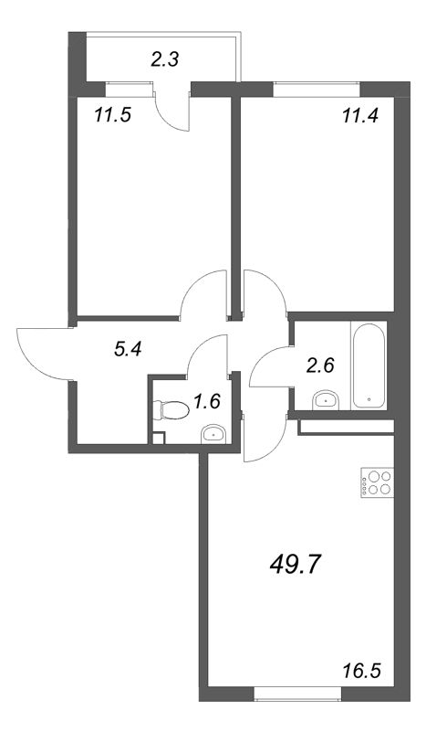 3-комнатная (Евро) квартира, 49.7 м² в ЖК "ЛСР. Ржевский парк" - планировка, фото №1
