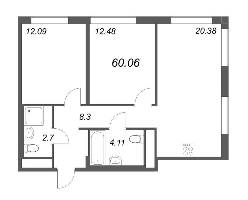 3-комнатная (Евро) квартира, 60.06 м² в ЖК "GloraX Василеостровский" - планировка, фото №1
