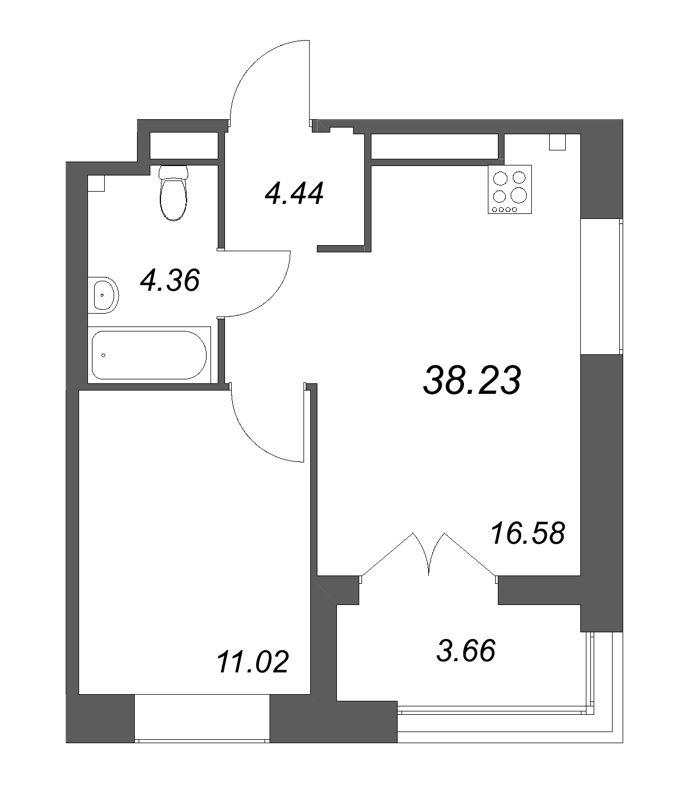 2-комнатная (Евро) квартира, 38.23 м² - планировка, фото №1