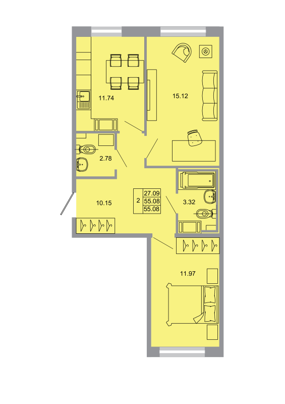 2-комнатная квартира, 53.3 м² - планировка, фото №1