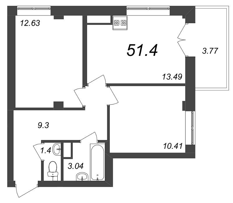 2-комнатная квартира, 51.4 м² в ЖК "Neva Residence" - планировка, фото №1
