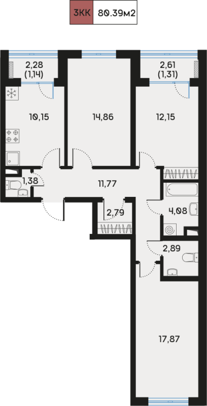 3-комнатная квартира, 80.33 м² - планировка, фото №1