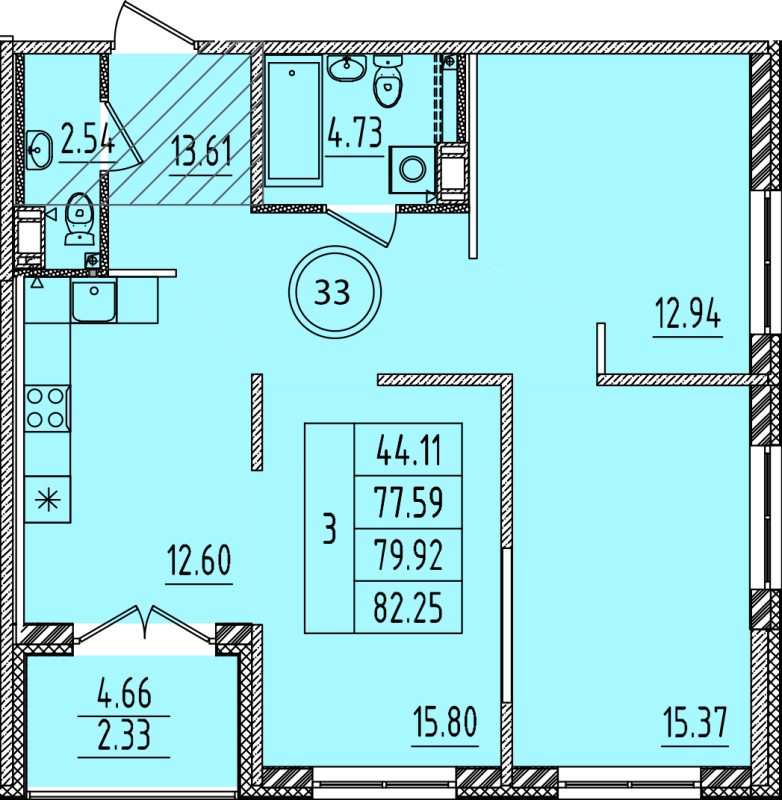 3-комнатная квартира, 77.59 м² - планировка, фото №1