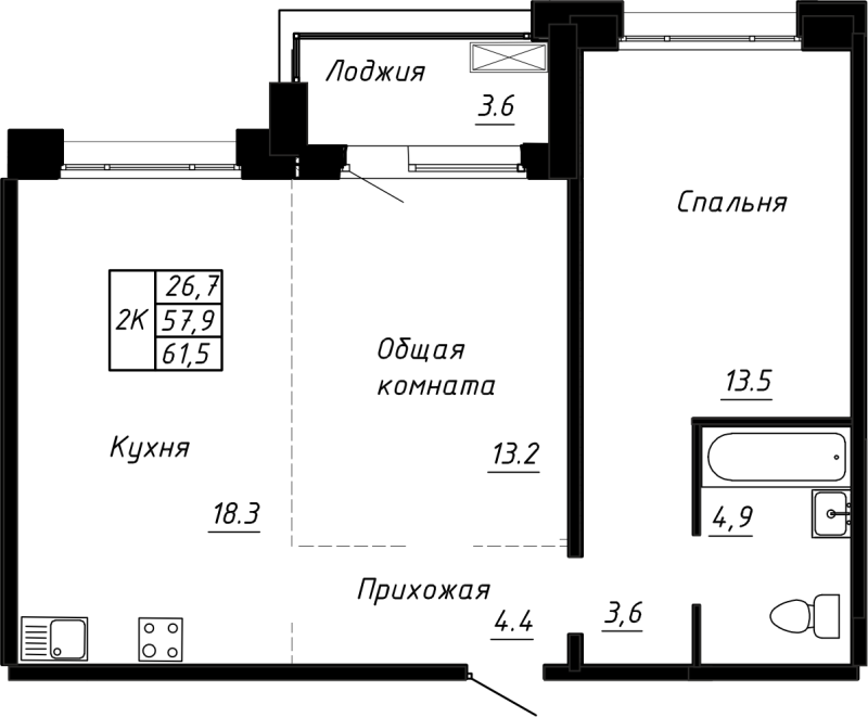 2-комнатная (Евро) квартира, 61.5 м² в ЖК "Сибирь" - планировка, фото №1