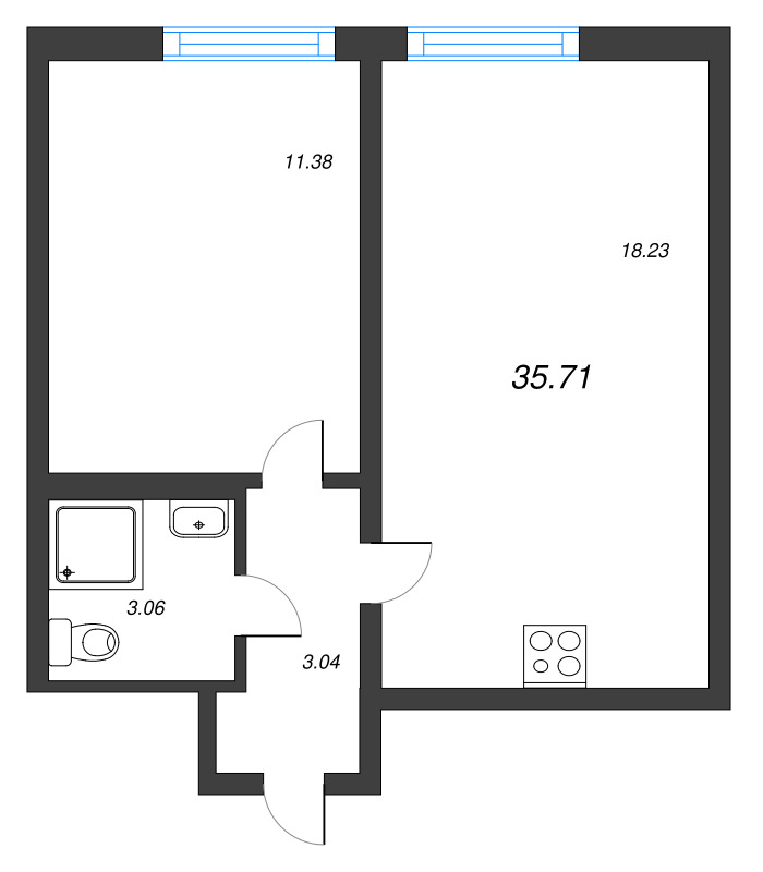 2-комнатная (Евро) квартира, 35.71 м² - планировка, фото №1