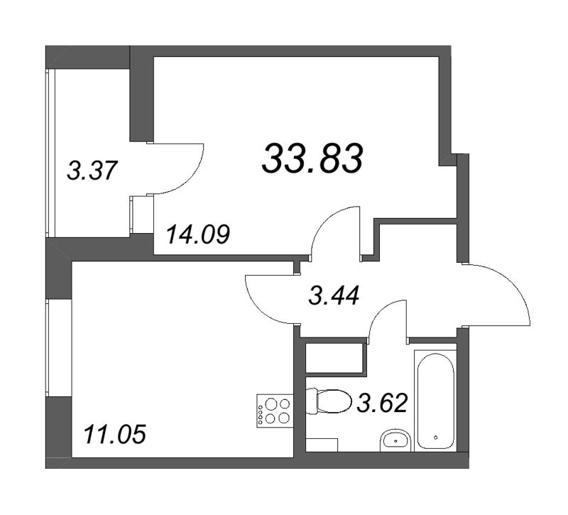 1-комнатная квартира, 33.83 м² - планировка, фото №1