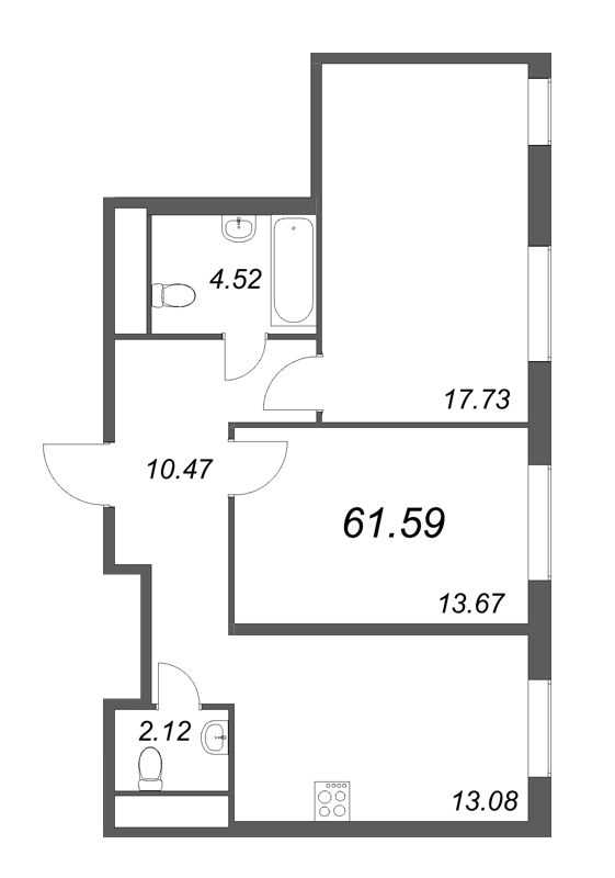2-комнатная квартира, 61.59 м² - планировка, фото №1