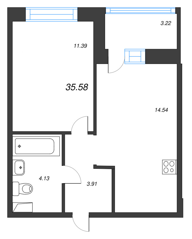1-комнатная квартира, 35.58 м² в ЖК "Уютный" - планировка, фото №1